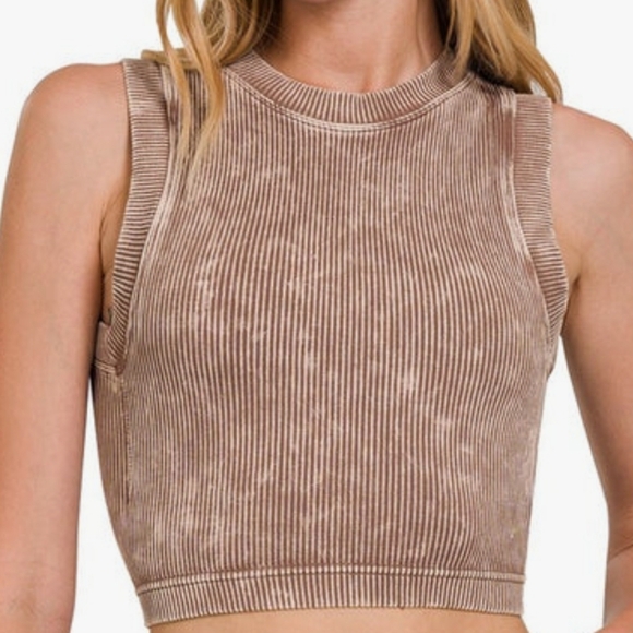 #0519 L/XL NEW ZENANA Lt Caramel Stone Wash Ribbd Brami Semi Crop Fits 38A-40DD - Picture 2 of 12